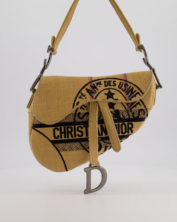 Christian Dior Medium Jute Canvas Embroidered Union Saddle Bag in Raffia Canvas with Ruthenium Hardware