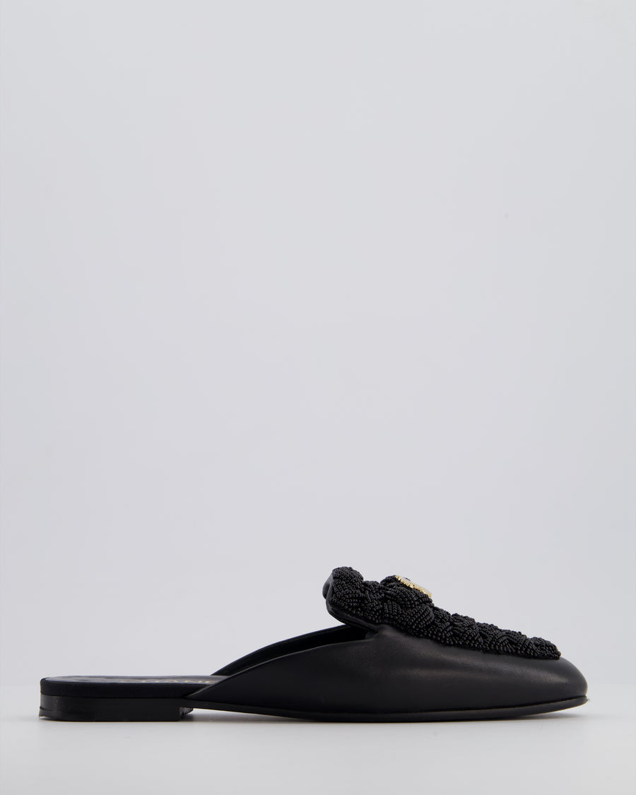 *HOT* Chanel 22A Black Leather Mules with Braided Embellishments & Champagne Gold CC Logo Size EU 38.5