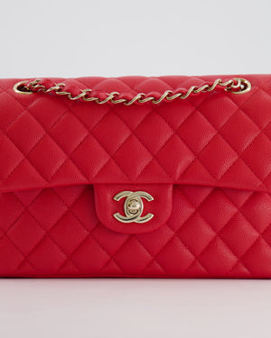 Chanel Strawberry Red Small Caviar Double Flap Bag with Champagne Gold Hardware