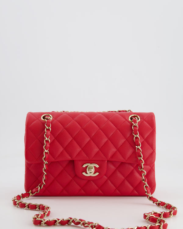 Chanel Strawberry Red Small Caviar Double Flap Bag with Champagne Gold Hardware