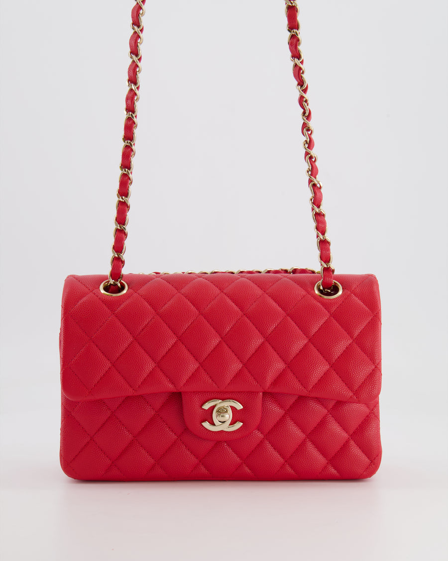 Chanel Strawberry Red Small Caviar Double Flap Bag with Champagne Gold Hardware