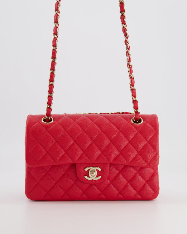 Chanel Strawberry Red Small Caviar Double Flap Bag with Champagne Gold Hardware