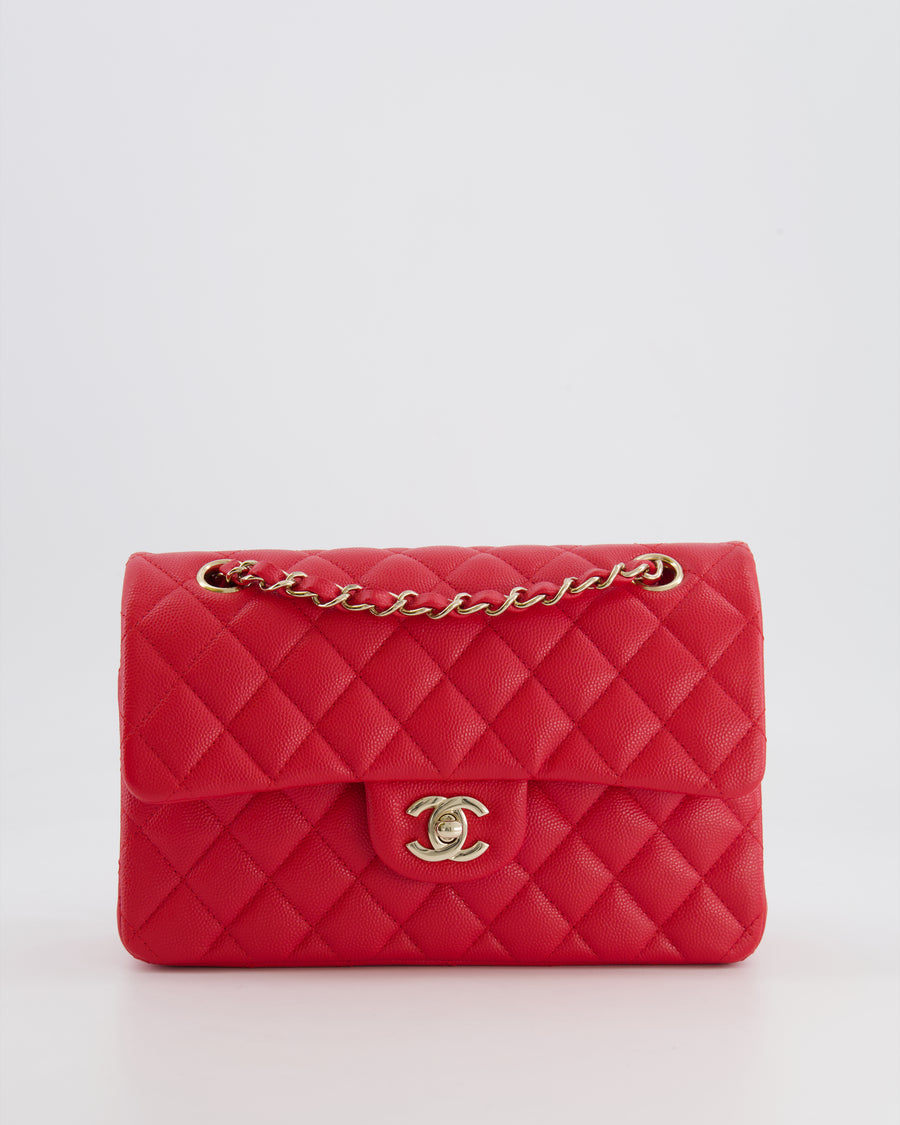 Chanel Strawberry Red Small Caviar Double Flap Bag with Champagne Gold Hardware