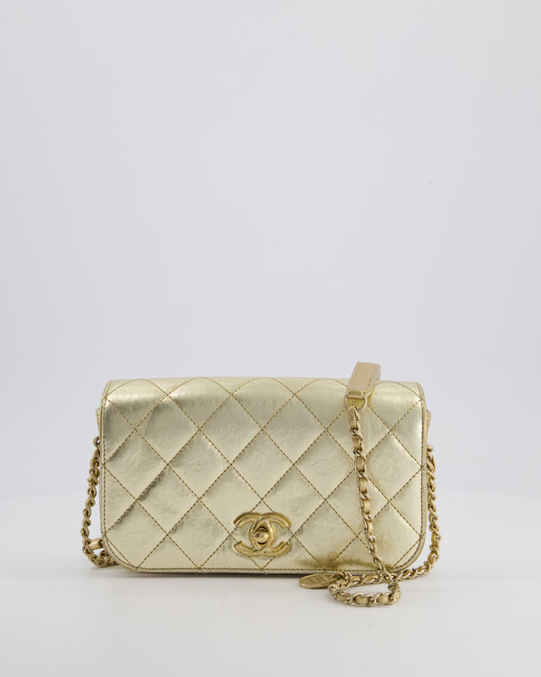 Chanel Metallic Gold Hammered Quilted Calfskin Cross Body Bag with Brushed Gold Hardware