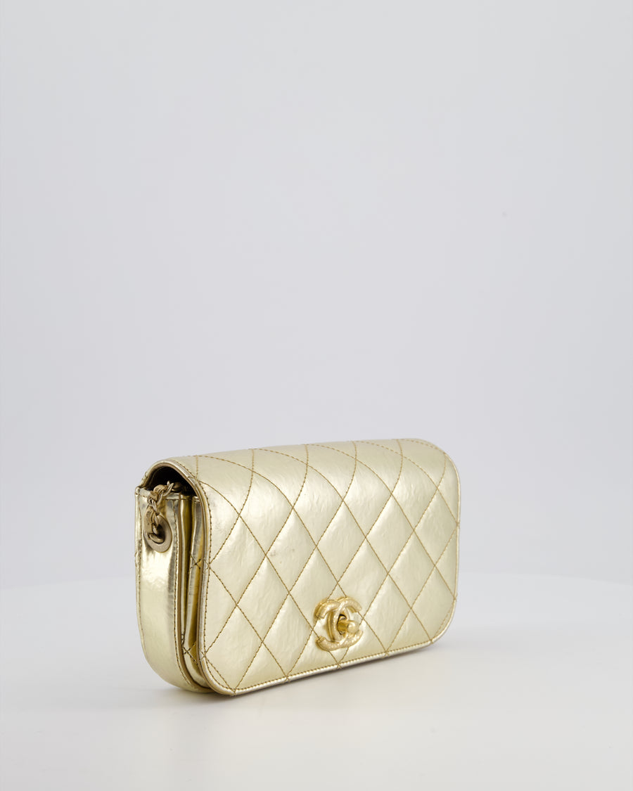 Chanel Metallic Gold Hammered Quilted Calfskin Cross Body Bag with Brushed Gold Hardware