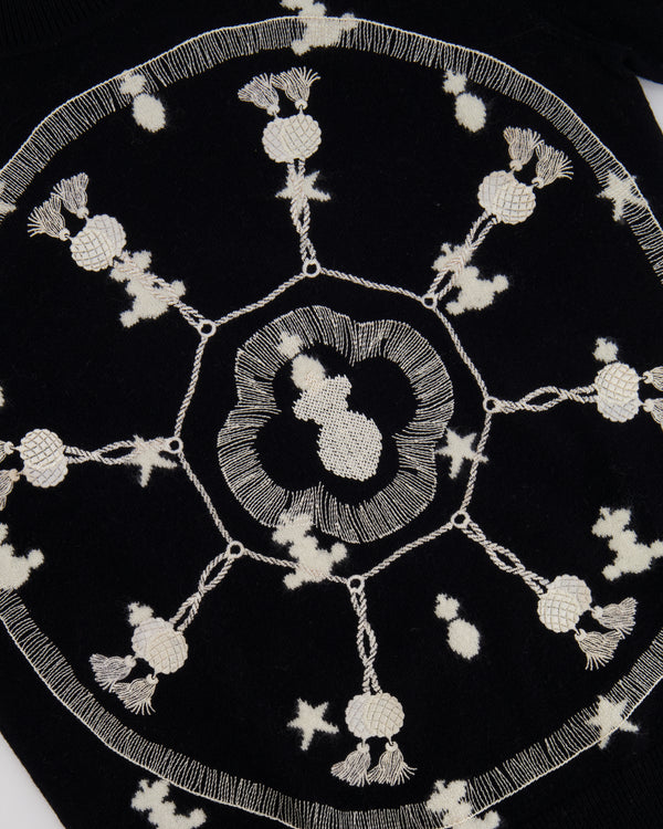 Hermès Black Cashmere Poste et Cavalerie Jumper with White Embroidery and Print Size FR 34 (UK 6)