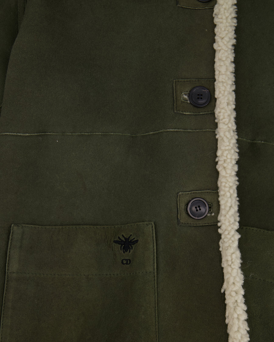 Christian Dior Khaki Shearling Coat with Embroidered Logo Size FR 36 (UK 8)