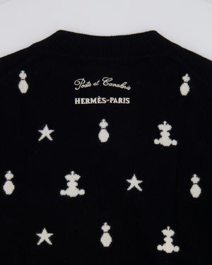 Hermès Black Cashmere Poste et Cavalerie Jumper with White Embroidery and Print Size FR 34 (UK 6)