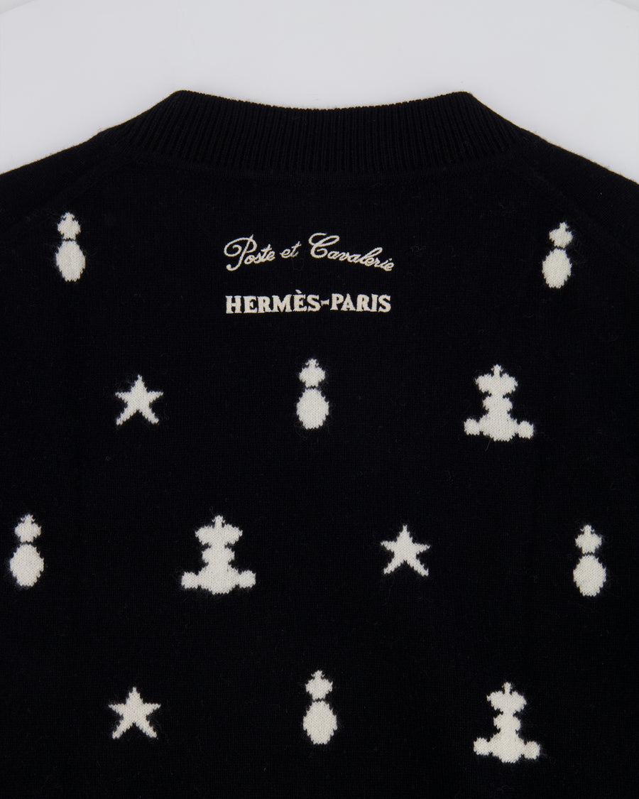 Hermès Black Cashmere Poste et Cavalerie Jumper with White Embroidery and Print Size FR 34 (UK 6)
