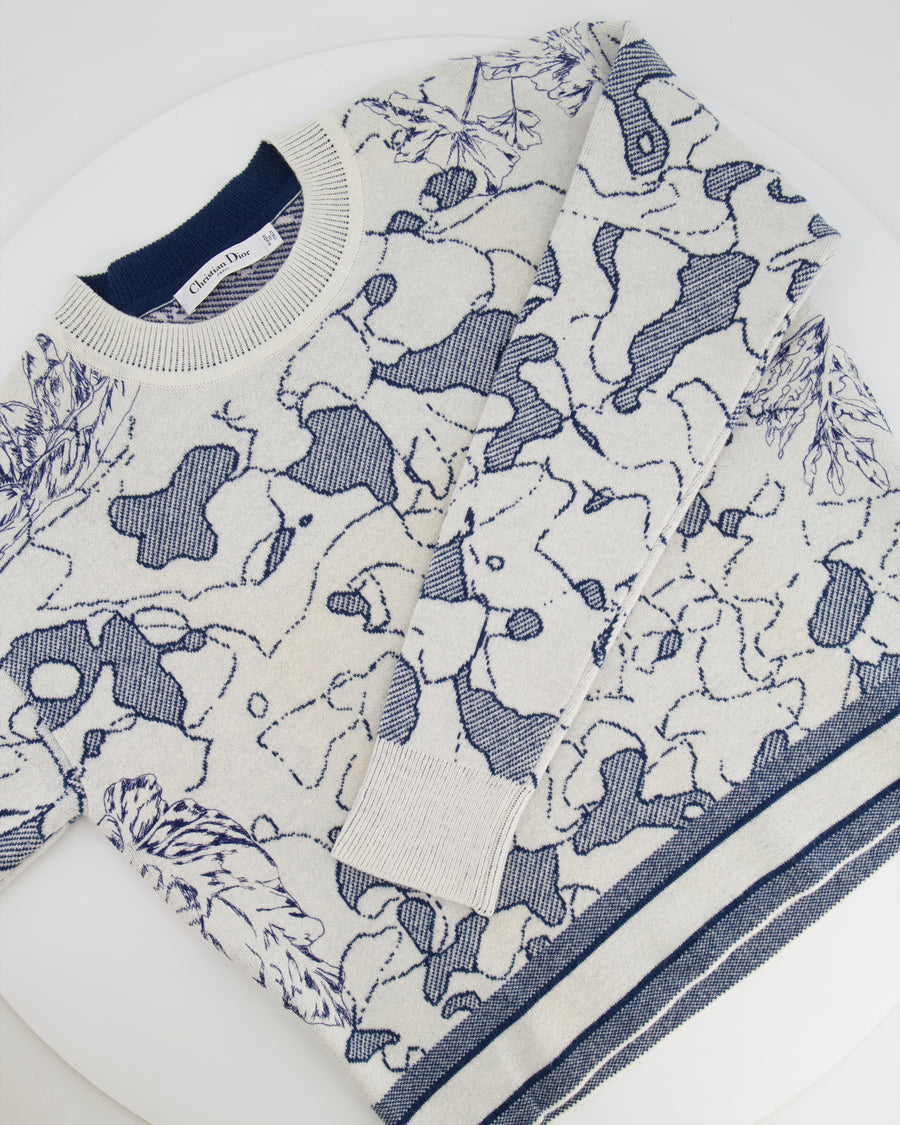 Christian Dior Blue and White Around the World Cashmere Jumper with Embroidery and Logo Band Size FR 36 (UK 8)