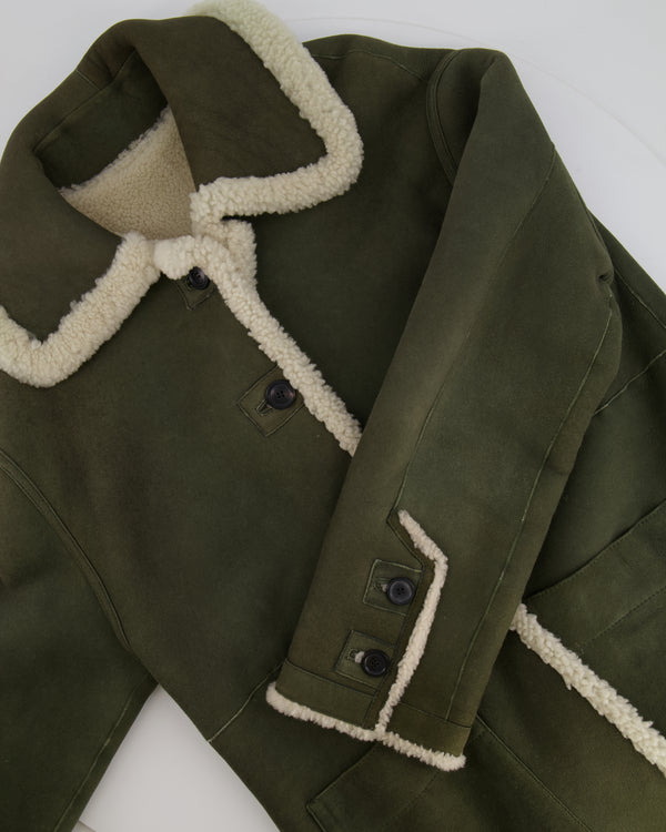 Christian Dior Khaki Shearling Coat with Embroidered Logo Size FR 36 (UK 8)