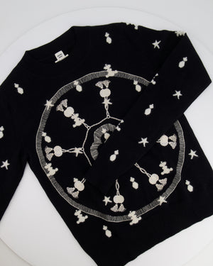 Hermès Black Cashmere Poste et Cavalerie Jumper with White Embroidery and Print Size FR 34 (UK 6)