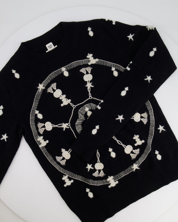 Hermès Black Cashmere Poste et Cavalerie Jumper with White Embroidery and Print Size FR 34 (UK 6)