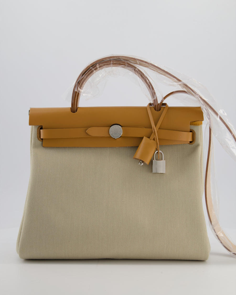 Hermès Herbag 31 Zip Bag in Beton Toile Officier Canvas, Naturel Sable Vache Hunter Leather with Palladium Hardware