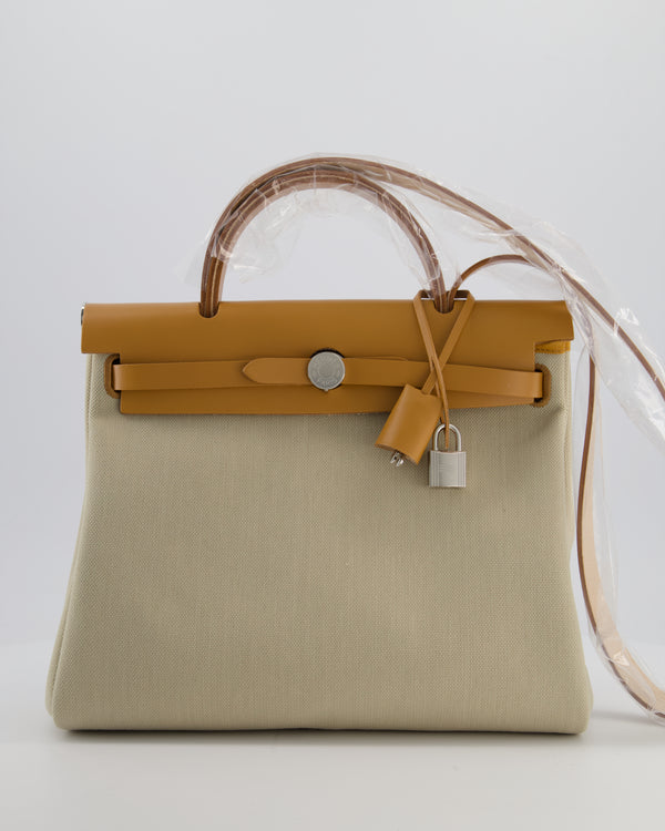 Hermès Herbag 31 Zip Bag in Beton Toile Officier Canvas, Naturel Sable Vache Hunter Leather with Palladium Hardware