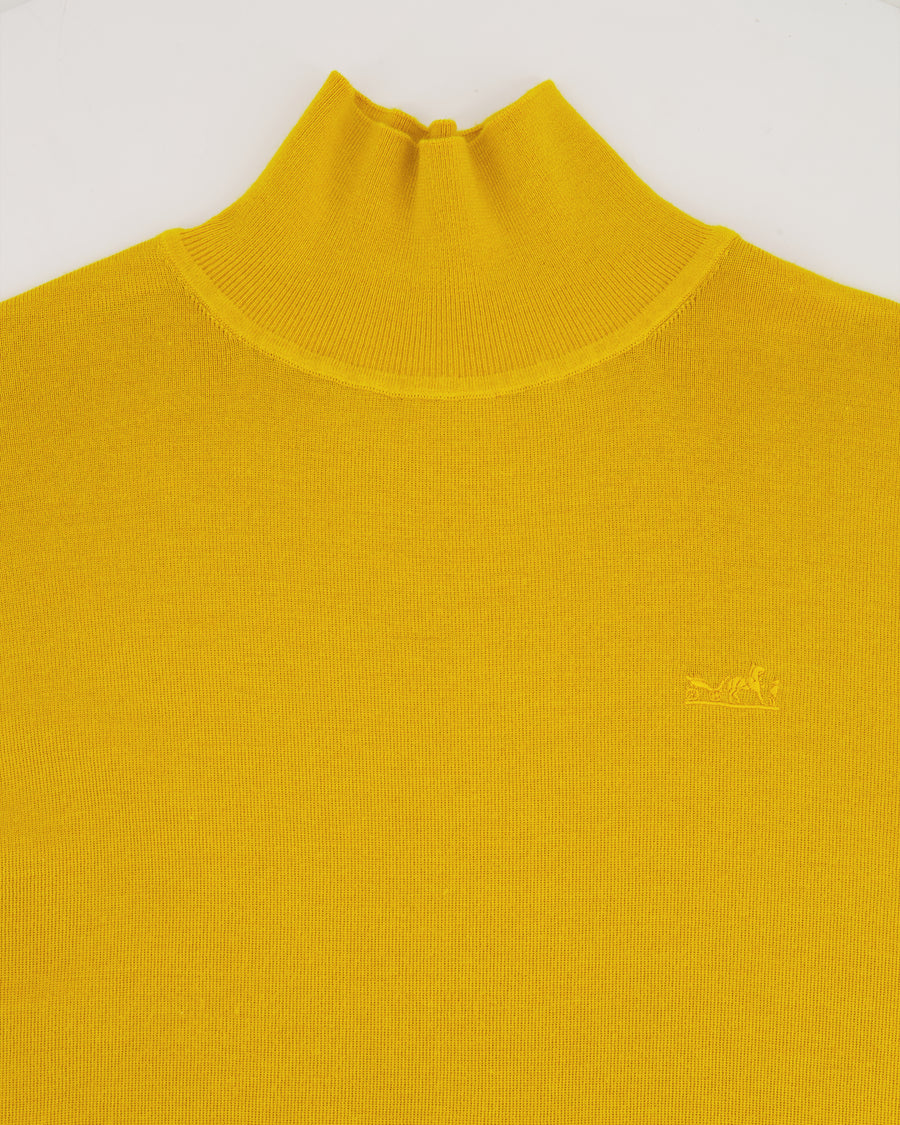 Hermès Yellow Silk and Cashmere High Neck Jumper with Embroidered Logo Size FR 34 (UK 6)