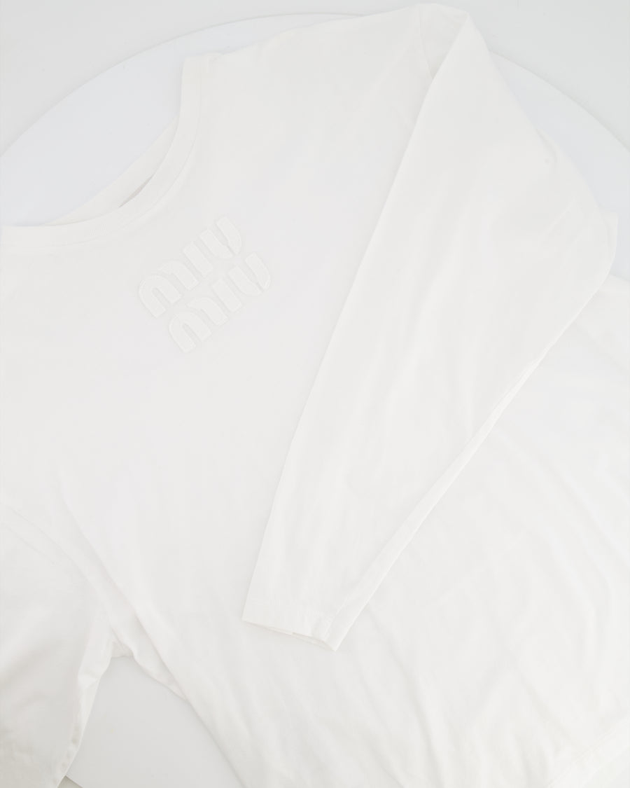 Miu Miu White Long Sleeve Top with Stitched Logo Detail Size M (UK 10) RRP £670