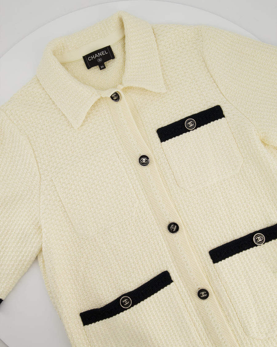 Chanel 24P Cream & Black Tweed Short Sleeve Cardigan & Bralette Top with Black CC Buttons Detail Size FR 34 (UK 6)