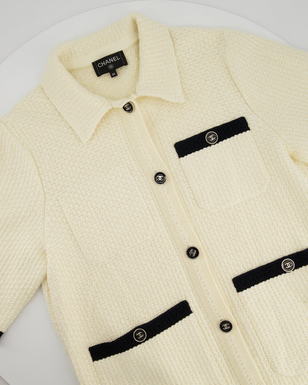 Chanel 24P Cream & Black Tweed Short Sleeve Cardigan & Bralette Top with Black CC Buttons Detail Size FR 34 (UK 6)