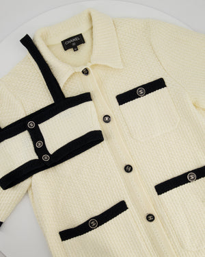 Chanel 24P Cream & Black Tweed Short Sleeve Cardigan & Bralette Top with Black CC Buttons Detail Size FR 34 (UK 6)