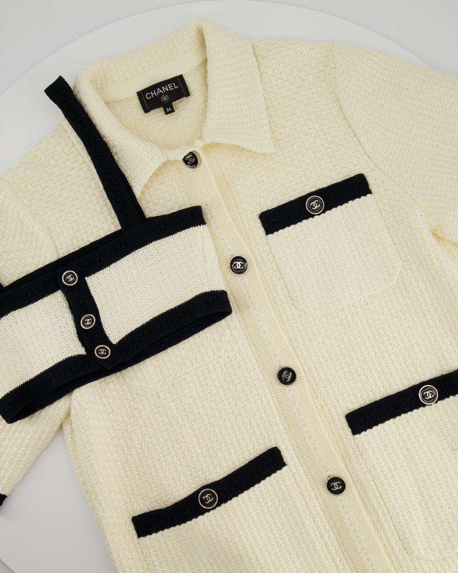 Chanel 24P Cream & Black Tweed Short Sleeve Cardigan & Bralette Top with Black CC Buttons Detail Size FR 34 (UK 6)