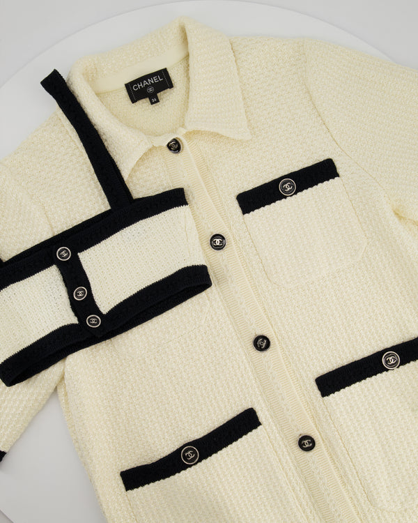 Chanel 24P Cream & Black Tweed Short Sleeve Cardigan & Bralette Top with Black CC Buttons Detail Size FR 34 (UK 6)