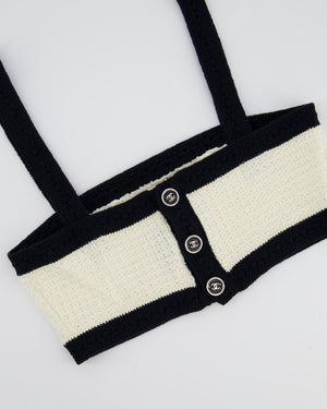 Chanel 24P Cream & Black Tweed Short Sleeve Cardigan & Bralette Top with Black CC Buttons Detail Size FR 34 (UK 6)