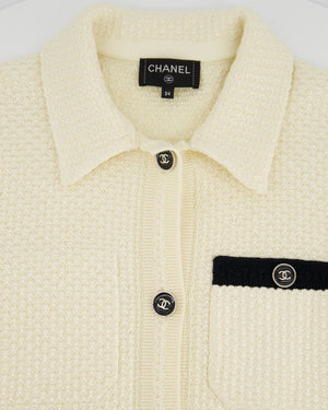 Chanel 24P Cream & Black Tweed Short Sleeve Cardigan & Bralette Top with Black CC Buttons Detail Size FR 34 (UK 6)