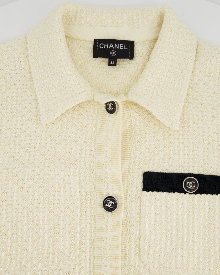 Chanel 24P Cream & Black Tweed Short Sleeve Cardigan & Bralette Top with Black CC Buttons Detail Size FR 34 (UK 6)