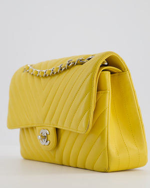 Chanel Yellow Chevron Medium Classic Double Flap Bag in Lambskin with Silver Hardware