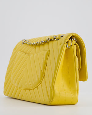 Chanel Yellow Chevron Medium Classic Double Flap Bag in Lambskin with Silver Hardware