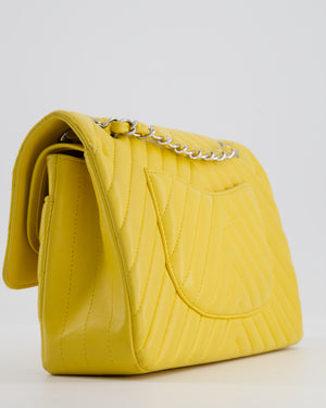 Chanel Yellow Chevron Medium Classic Double Flap Bag in Lambskin with Silver Hardware