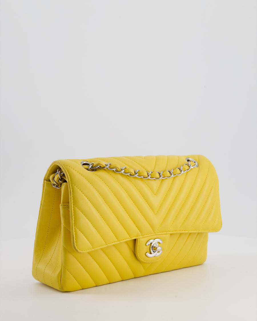 Chanel Yellow Chevron Medium Classic Double Flap Bag in Lambskin with Silver Hardware