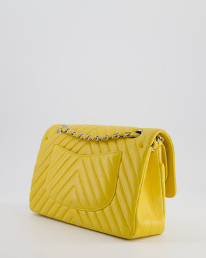 Chanel Yellow Chevron Medium Classic Double Flap Bag in Lambskin with Silver Hardware
