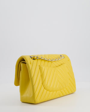 Chanel Yellow Chevron Medium Classic Double Flap Bag in Lambskin with Silver Hardware