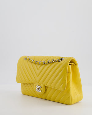 Chanel Yellow Chevron Medium Classic Double Flap Bag in Lambskin with Silver Hardware