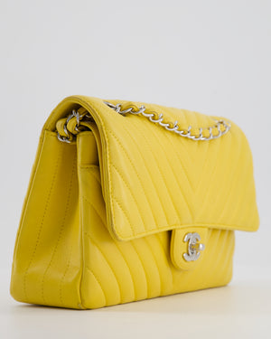 Chanel Yellow Chevron Medium Classic Double Flap Bag in Lambskin with Silver Hardware