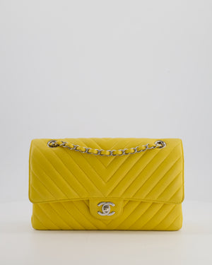 Chanel Yellow Chevron Medium Classic Double Flap Bag in Lambskin with Silver Hardware