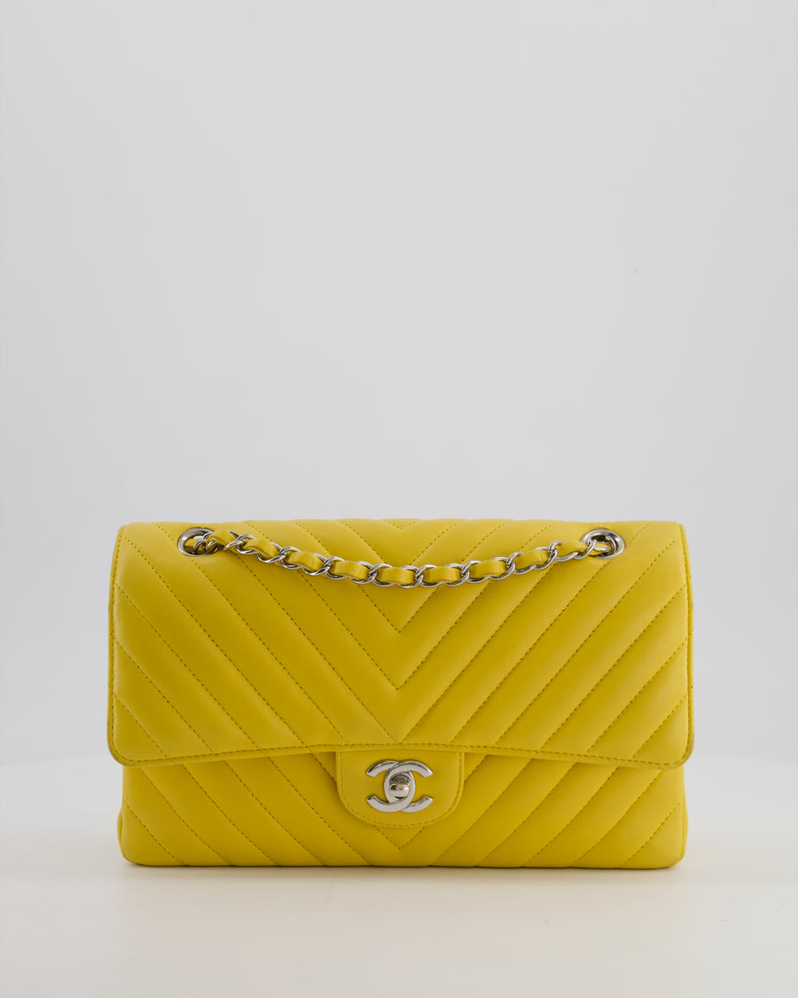 Chanel Yellow Chevron Medium Classic Double Flap Bag in Lambskin with Silver Hardware