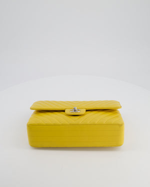 Chanel Yellow Chevron Medium Classic Double Flap Bag in Lambskin with Silver Hardware