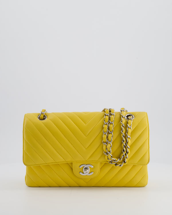 Chanel Yellow Chevron Medium Classic Double Flap Bag in Lambskin with Silver Hardware