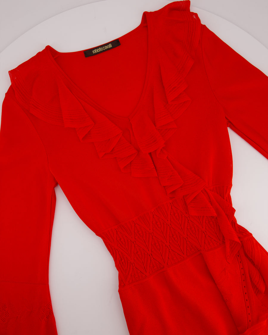 Roberto Cavalli Red Long Sleeve Ruched Midi Dress Size IT 38 (UK 6)