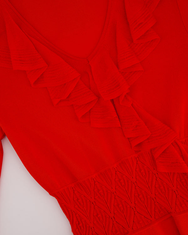 Roberto Cavalli Red Long Sleeve Ruched Midi Dress Size IT 38 (UK 6)