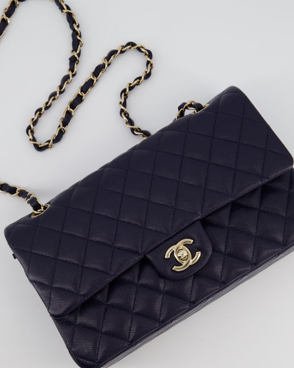 Chanel Navy Classic Medium Double Flap Bag in Caviar Leather with Champagne Gold Hardware