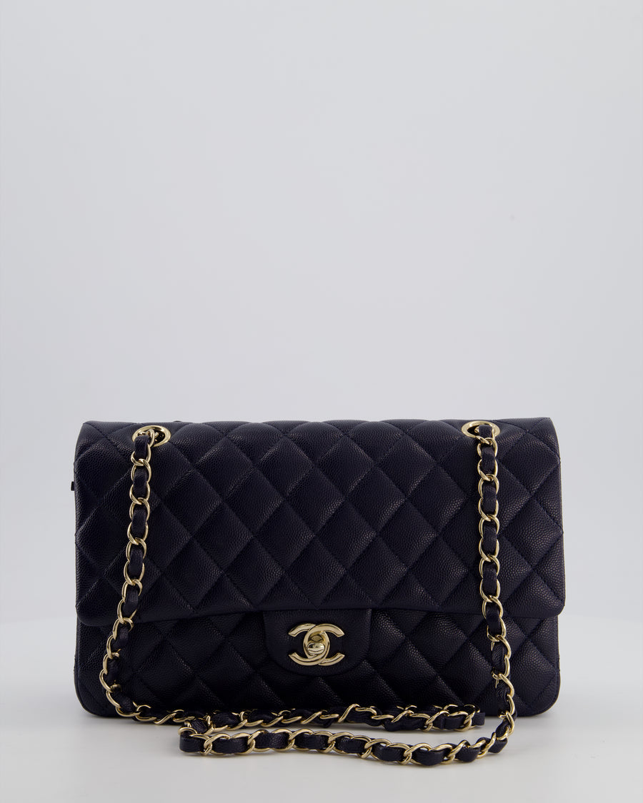 Chanel Navy Classic Medium Double Flap Bag in Caviar Leather with Champagne Gold Hardware