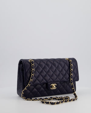 Chanel Navy Classic Medium Double Flap Bag in Caviar Leather with Champagne Gold Hardware