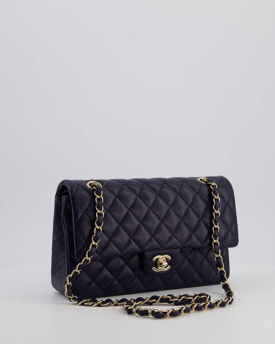 Chanel Navy Classic Medium Double Flap Bag in Caviar Leather with Champagne Gold Hardware