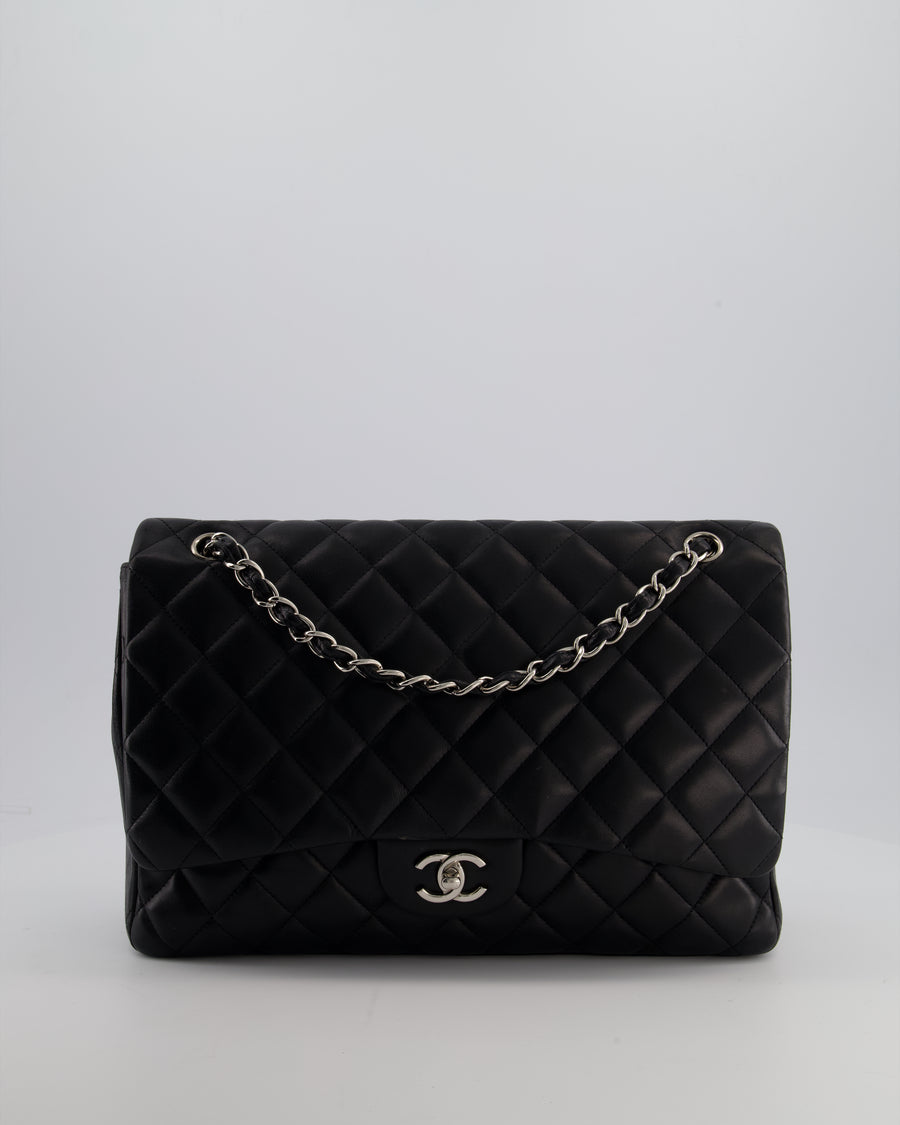 Chanel Black Maxi Classic Single Flap Bag in Lambskin Leather with Silver Hardware