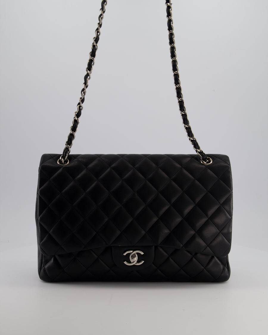 Chanel Black Maxi Classic Single Flap Bag in Lambskin Leather with Silver Hardware