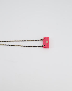 Chanel 23C Black Leather & Champagne Gold Chain Necklace with Pink Bag Pendant